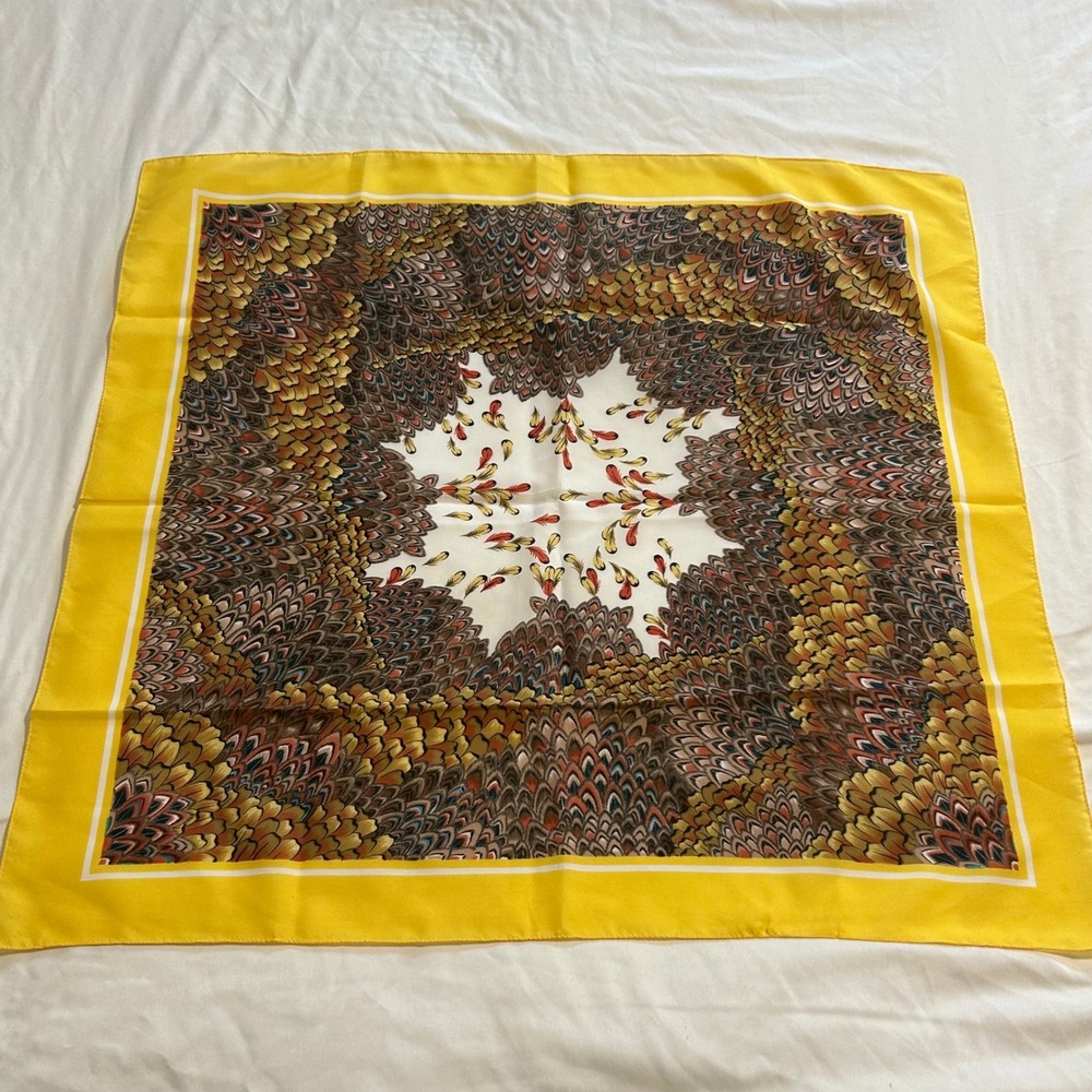 Vintage Yellow Pheasant Feather Print Square Silk Scarf 24x26 Bohemian Accessory